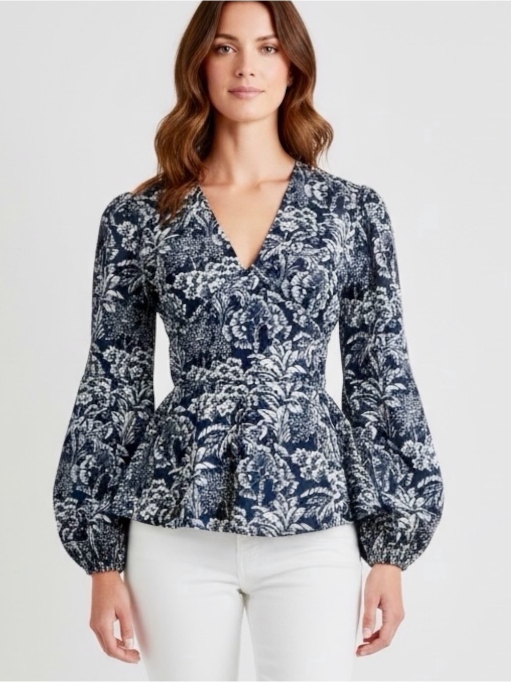 Pearl by Lela Rose Women’s Navy Floral Poplin Peplum Long Bell Sleeve Blouse Top
